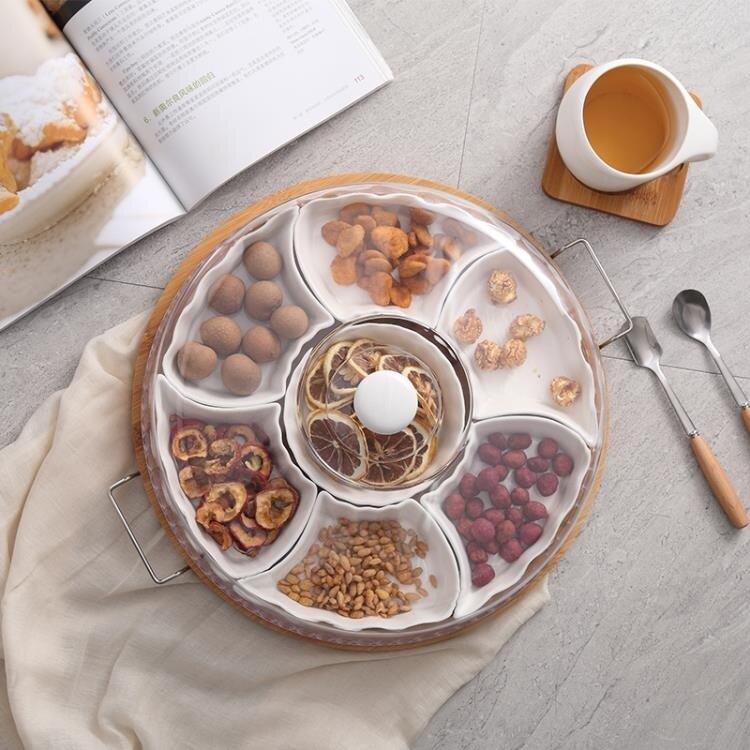 陶瓷分格堅果盤帶蓋創意水果拼盤家用零食點心小吃瓜子干果盤客廳 【交換禮物】 送禮