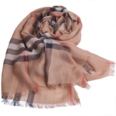 BURBERRY 經典大格紋羊毛絲綢披肩/圍巾(駝色)
