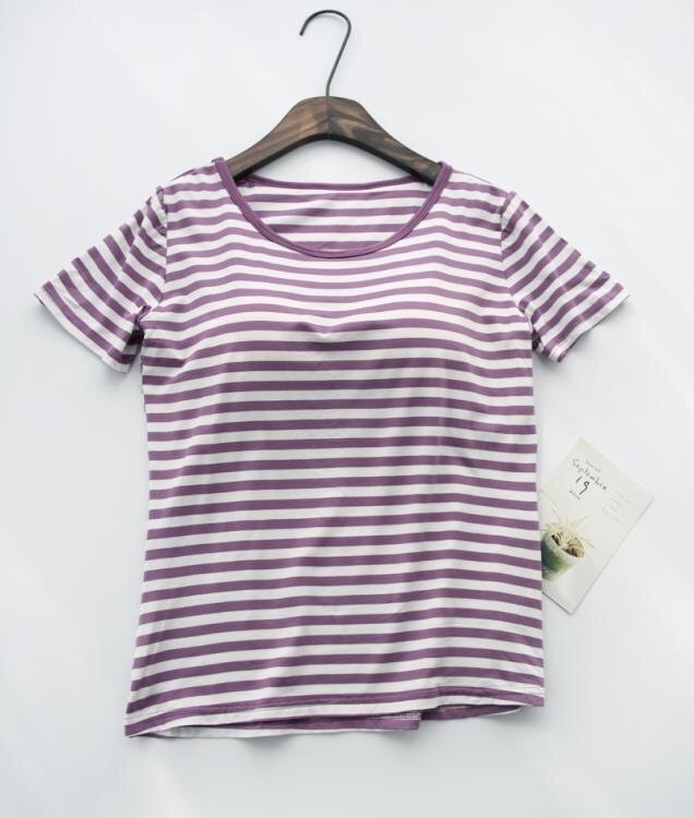 夏季帶胸墊女T恤短袖莫代爾條紋打底衫上衣瑜伽運動免穿文胸罩杯