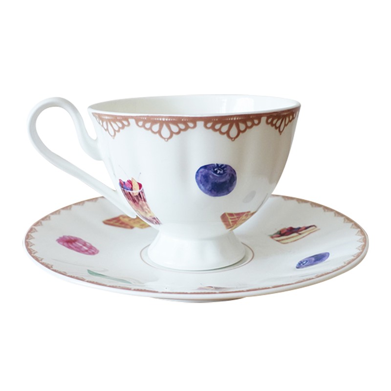 點心 骨瓷午茶杯盤組 下午茶 華麗 優雅 可愛 插畫 甜點 蛋糕 花茶杯