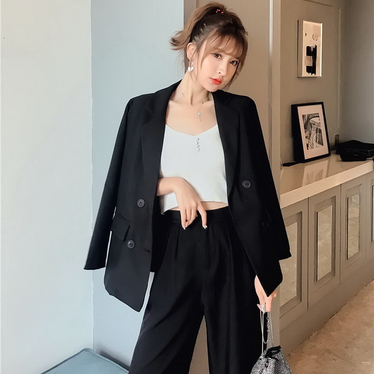 VIVILIAN日系簡約OL氣質百搭西裝上衣+高腰顯瘦闊腿褲2件式套裝/黑色