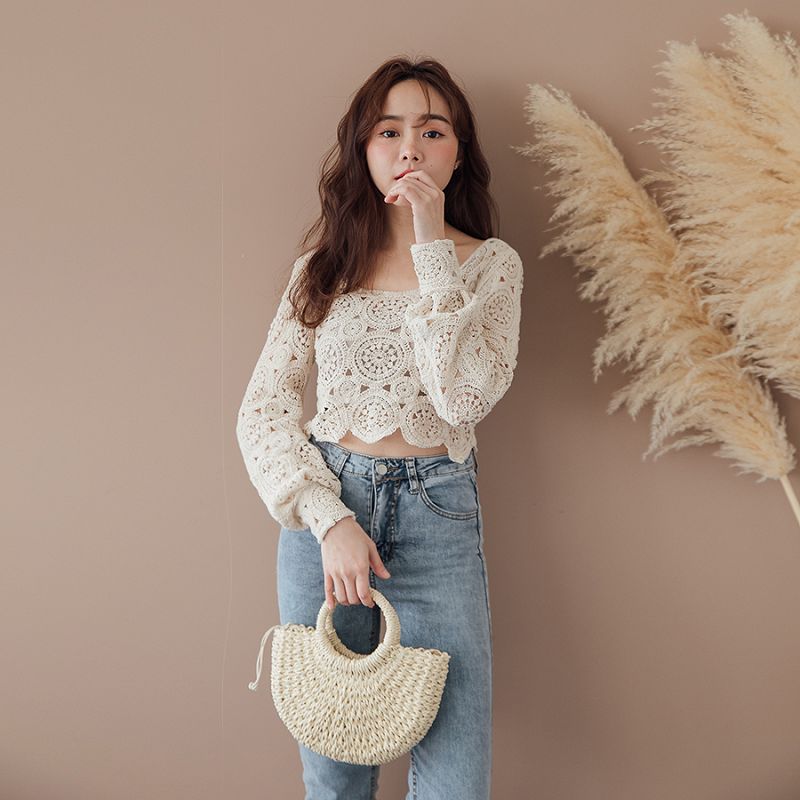 MIUSTAR圓型手把可拆式背帶半圓乾草編織包