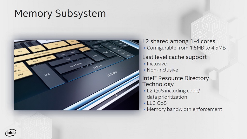 ▲ Tremont L2 快取最高每 4 核心支援 4.5MB、18-way，並能夠 IP 化與其它 Intel 設計整合，因而支援末級快取 last level cache 或是 Resource Director Technology。