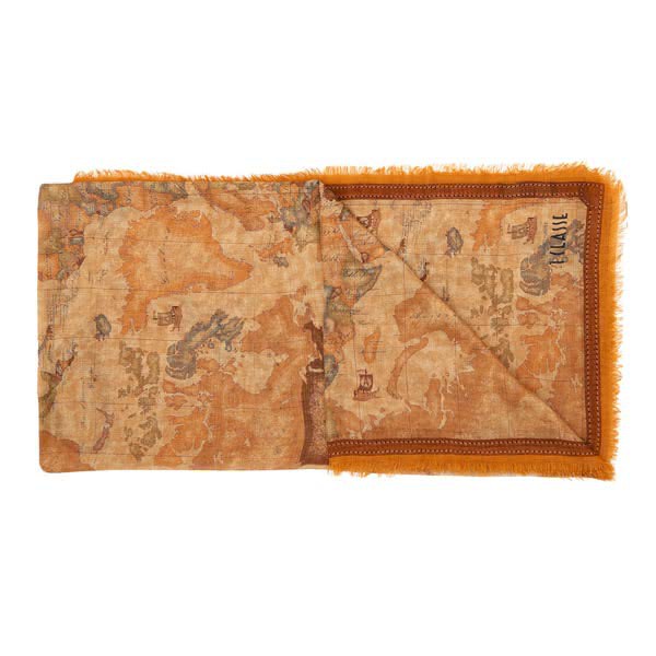 【Alviero Martini 義大利地圖包】地圖流蘇方巾-140X140(褐色/地圖黃)