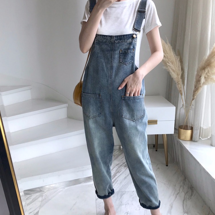 【現貨】吊帶褲 牛仔背帶褲 新款寬松韓版貓爪學生怪獸可愛九分褲休閑寬松吊帶連身褲丹寧牛仔長褲