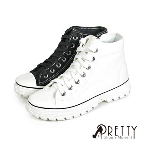 【Pretty】奶油頭側拉鍊綁帶高筒帆布休閒鞋/小白鞋