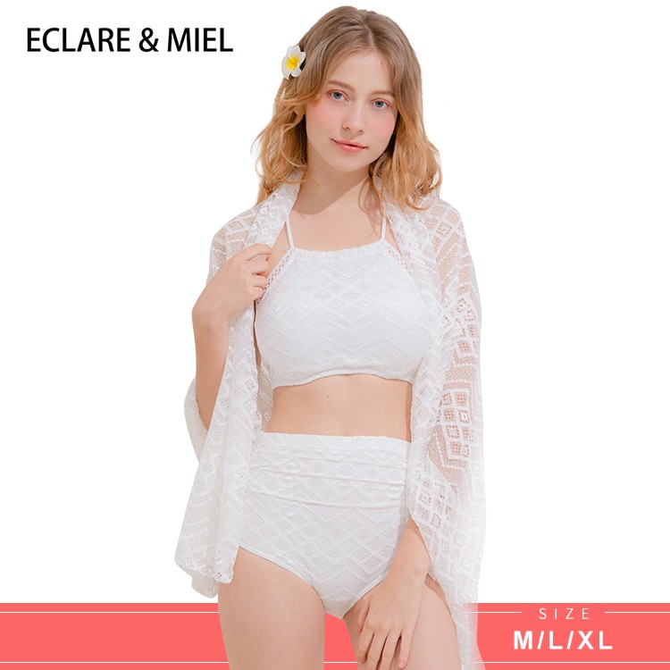 (現貨)ECLARE & MIEL - 馬爾地夫系列削肩蕾絲設計露背綁帶披肩彈性三件式泳裝(白色)【CSW0071-1】