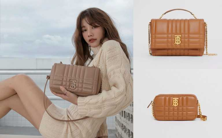 Burberry小型絎縫羔羊皮 Lola 包 駝色／69,000元、小型絎縫羔羊皮 Lola 學院風斜背包 楓木棕色／79,000元、迷你絎縫羔羊皮 Lola 相機包 楓木棕色／41,500元（圖／品牌提供）