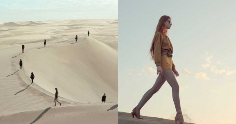 相較於秋冬濃烈的色彩，以柔和溫暖的春夏色調與經典的黑貫穿整季。在無人沙漠中沿著沙脊彎延走秀充滿詩意。（圖／品牌提供）