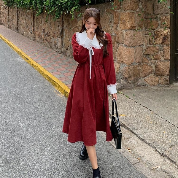 洋裝連身裙 ~早秋2021年新款紅色連身裙子大碼女裝胖mm長袖網紅高冷范3F108 胖胖大碼女裝