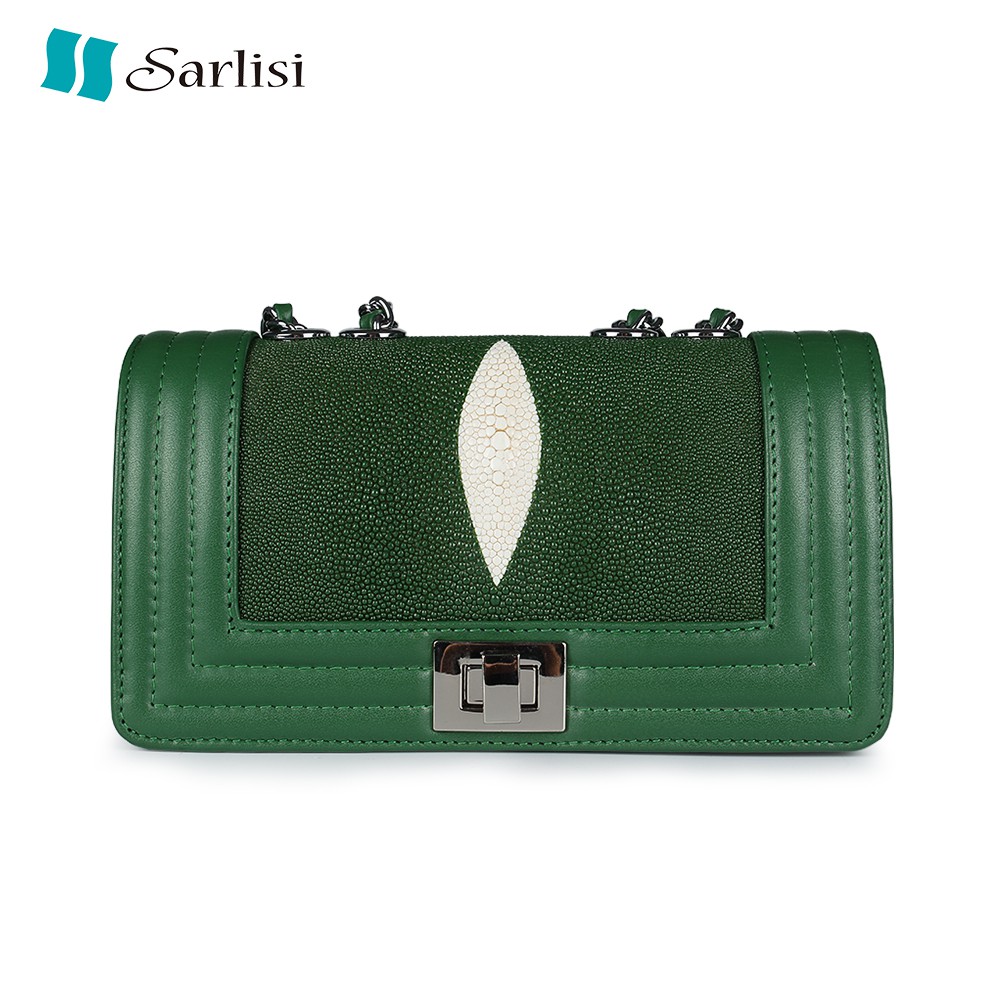 【Sarlisi】清麗珍珠魚皮包側肩包斜背包迷你小香包 綠色 歷史最低價