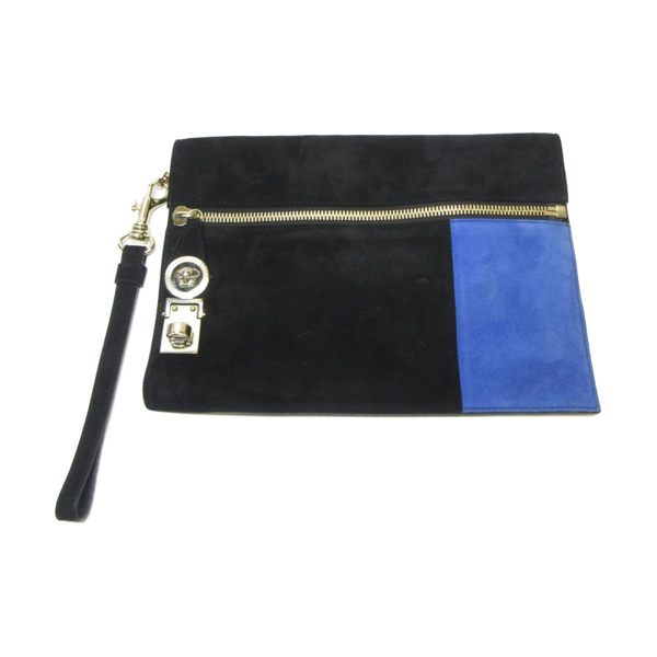VERSACE 藍黑撞色麂皮拼接牛皮金釦手拿包 CLUTCH 【二手名牌BRAND OFF】