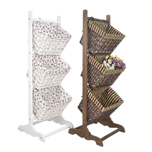 雜誌架田園白色三層吊籃落地架 實木多層布藝花籃雜物置物架 雜誌報刊架T 2色