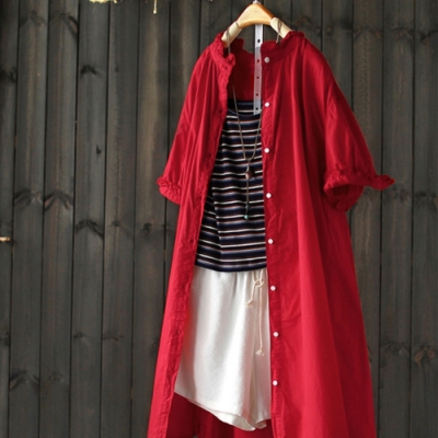 中長版寬鬆花瓣領半袖輕薄襯衫純棉防曬衣（三色）-設計所在