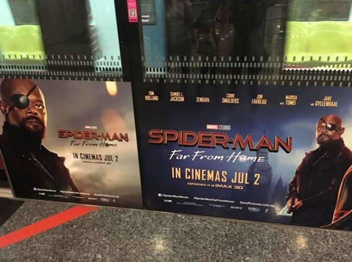 這兩張海報中，尼克福瑞的眼罩明顯帶在不同的眼睛上吧！難道有一個是複製人不成？