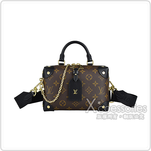 LV M45571 Petite Malle Souple字母LOGO Monogram帆布拉鍊手提斜背行李小方包(黑x咖啡)