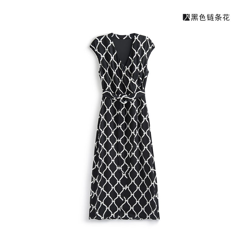小蟲 新晉黑白美學！鏈條格紋印花 包肩袖雙圓環腰帶扣桔梗連衣裙