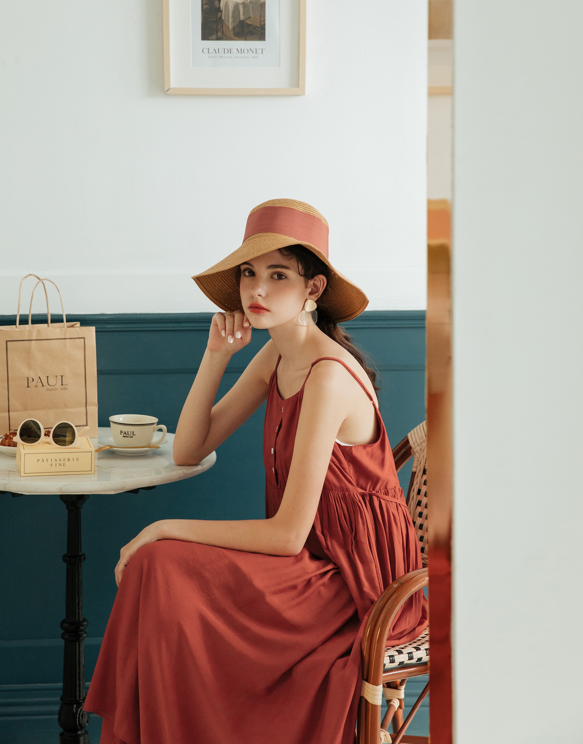 PAZZO+小法國夏日渡假排釦細肩長洋裝