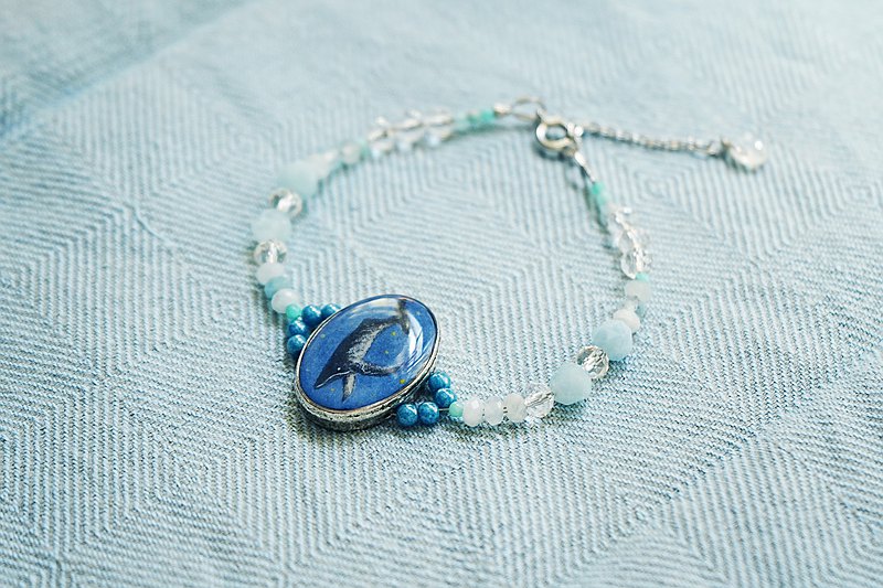 手繪雙面鯨魚水晶手鍊 白水晶 海藍寶 天河石 月亮石