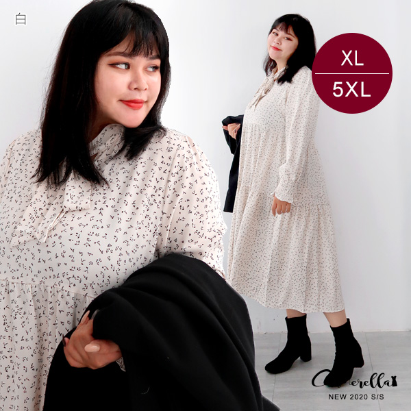 【ENW040675】1218胸前綁帶小碎花蛋糕長洋裝 白 XL-5XL (預購)