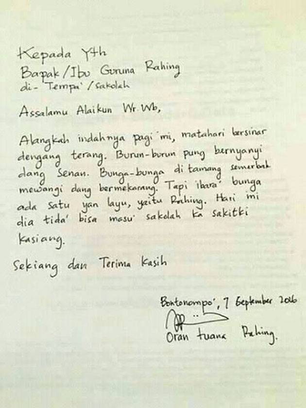 Surat Izin Sakit Dari Orang Tua Murid Untuk Guru Ini Puitis