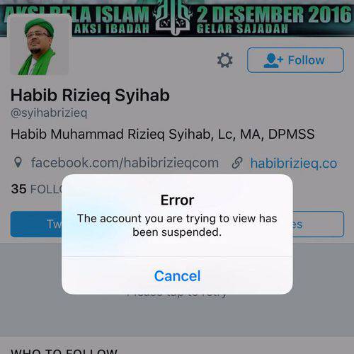 Akun Habib Rizieq dan DPP FPI Di-suspend, Ini Penjelasan Twitter