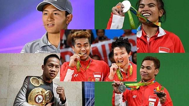 Para pahlawan olahraga Indonesia tahun 2016, Rio Haryanto (kiri atas), Daud Yordan (kiri bawah), Tontowi Ahmad/Liliyana Natsir (tengah), Sri Wahyuni Agustiani (kanan atas), dan Eko Yuli Irawan (kanan bawah) [AFP/Suara.com/Kurniawan Mas'ud]