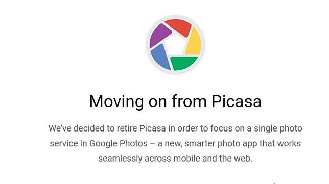 Pengumuman pengalihan layanan Google Picasa ke Google Photos di laman utama Google Picasa (picasa.google.com/suara.com).