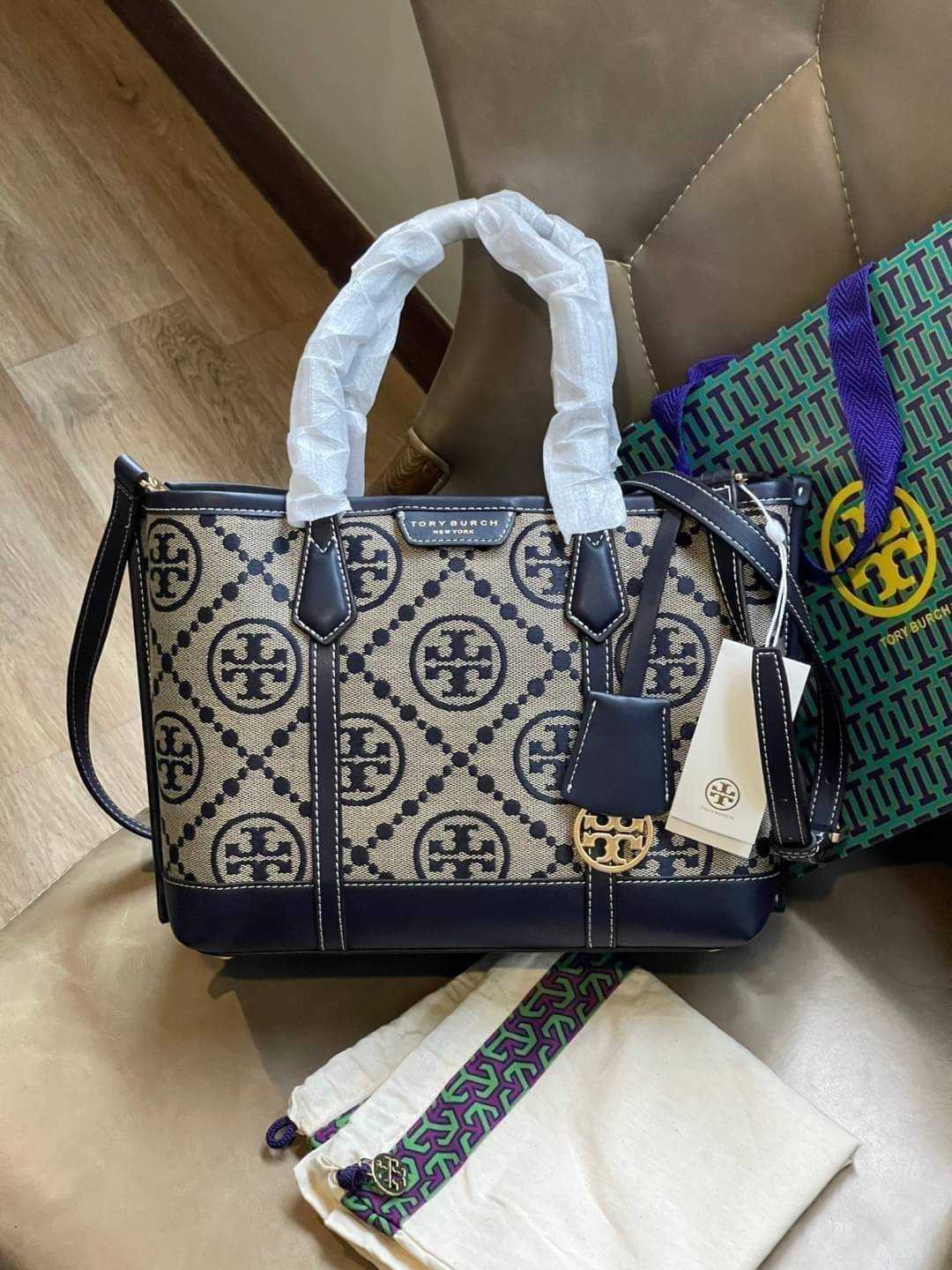 Tory Burch Perry Monogram Jacquard Small Triple Compartment Tote