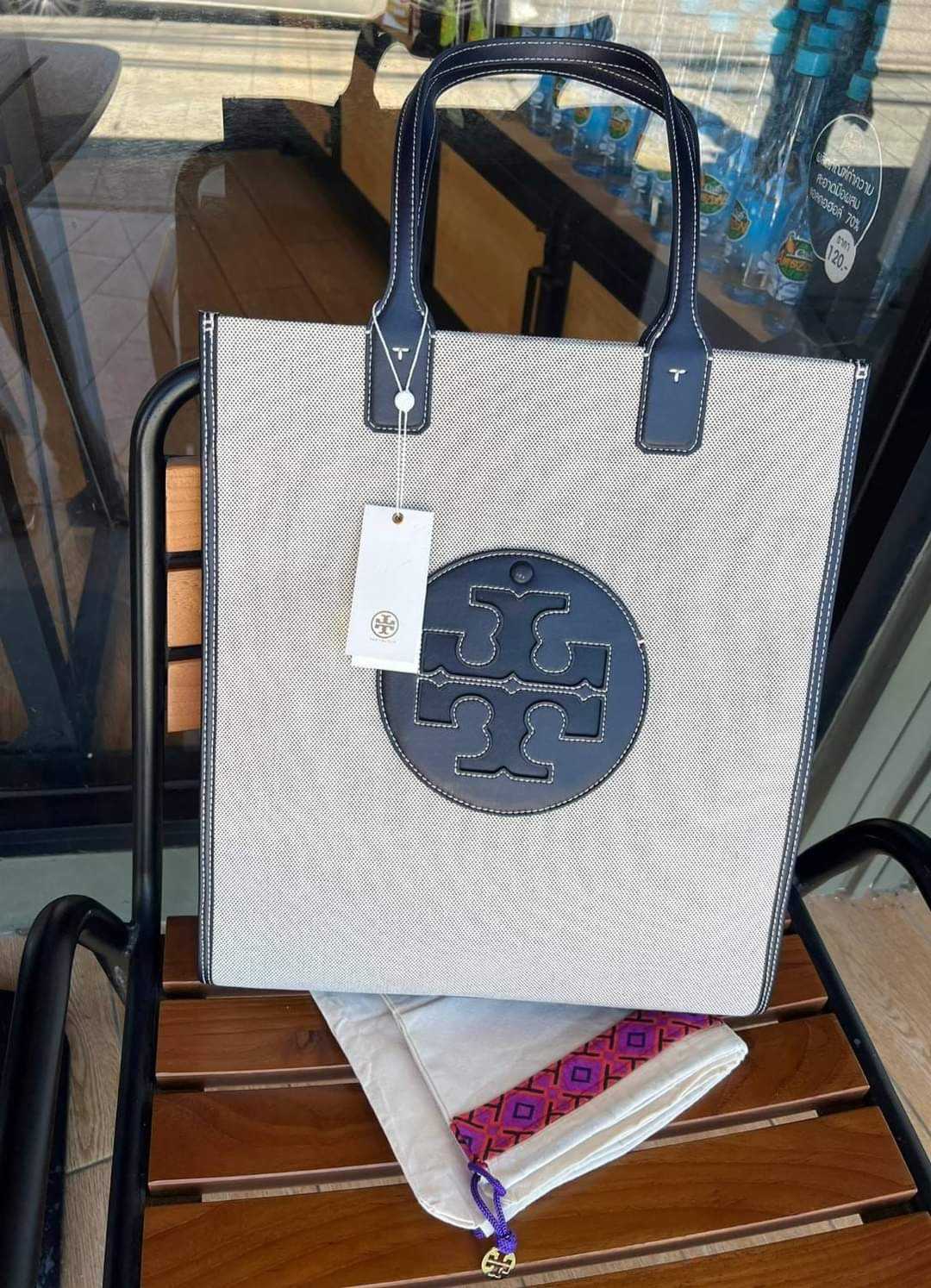 Tory Burch Ella Canvas Tall Tote Bag in Natural/Tory Navy