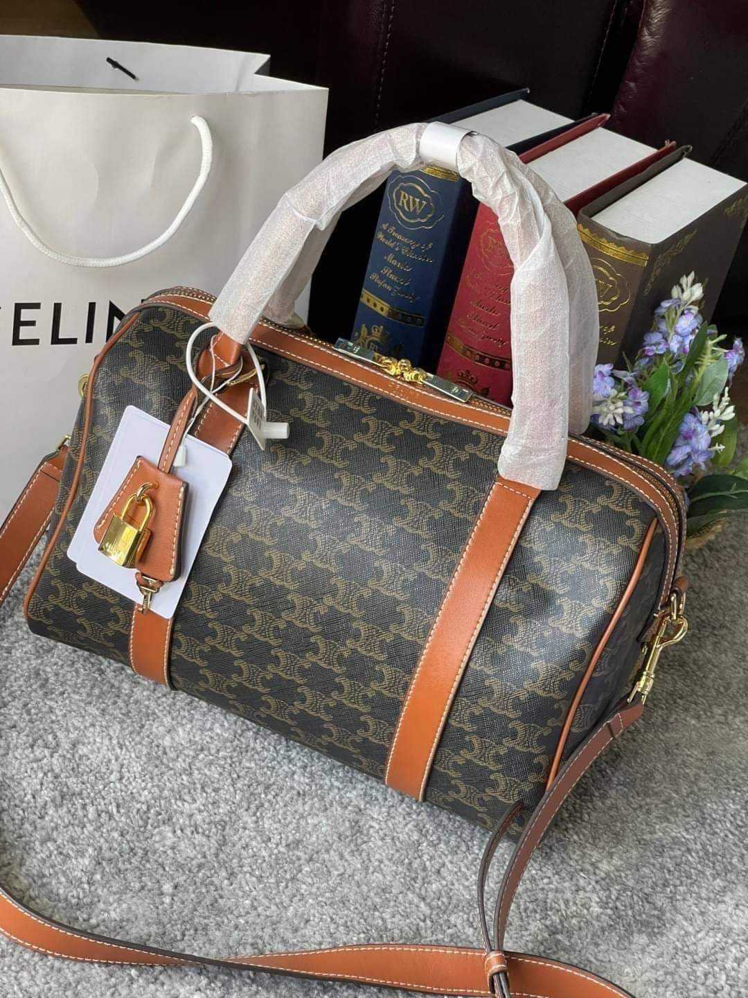 CELINE BOSTON BAG IN TRIOMPHE CANVAS AND TAN