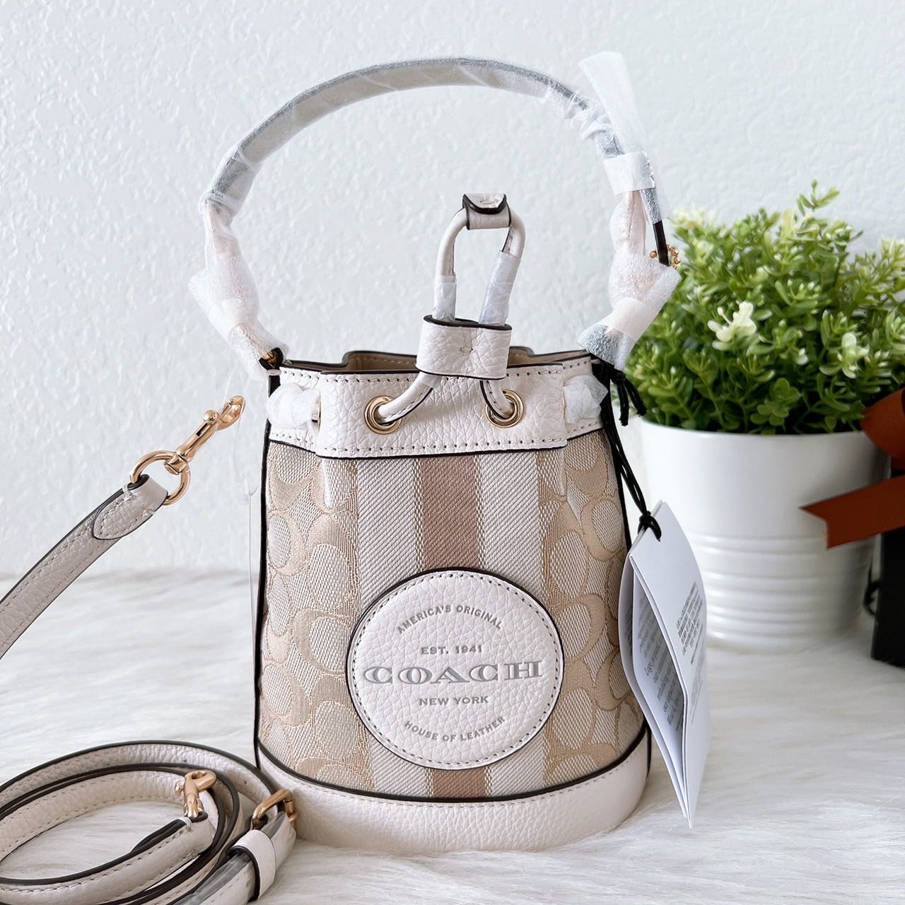 Mini Dempsey Bucket Bag in Signature Jacquard with Stripe and