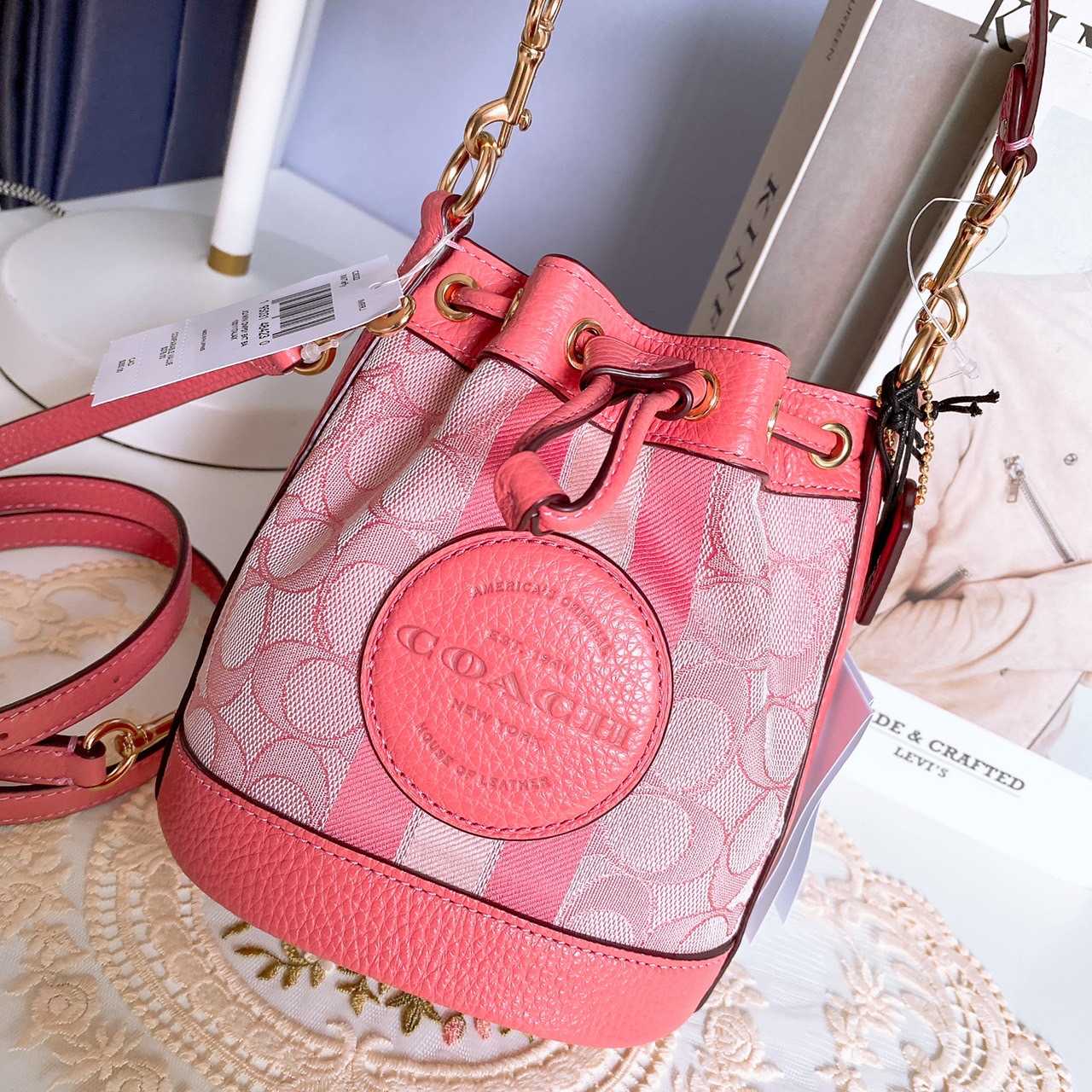 Coach Mini Dempsey Bucket Bag In Signature Jacquard With Stripe And Coach  Patch