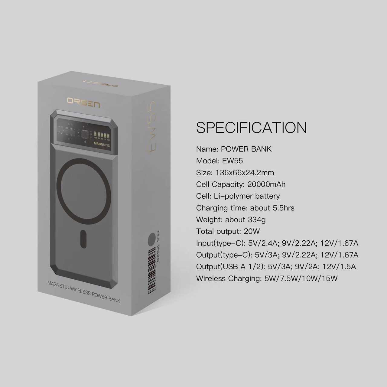 Orsen EW55 By eloop WIRELESS POWER BANK 20,000 mAh 20W Output