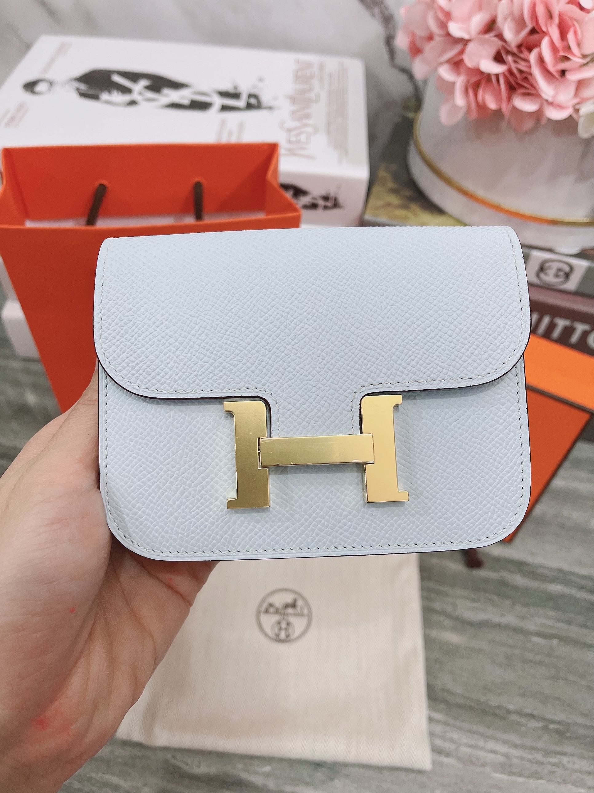 New Hermes Constance slim wallet blue brume ghw stamp Z LINE