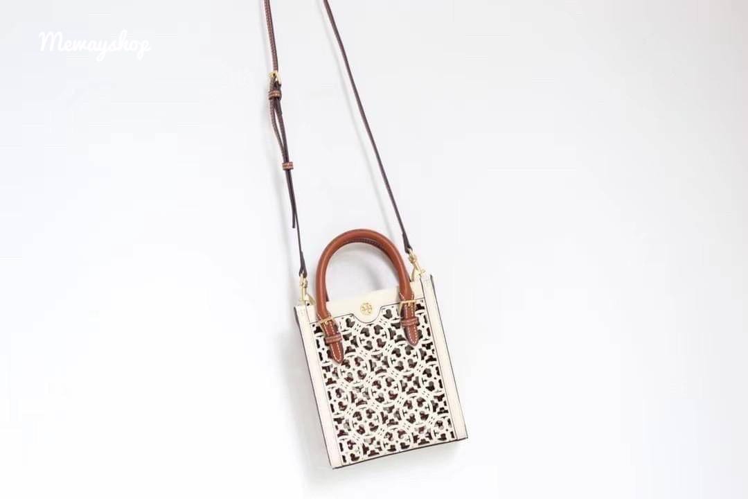 Tory Burch Mini T Monogram Laser-cut Tote in White