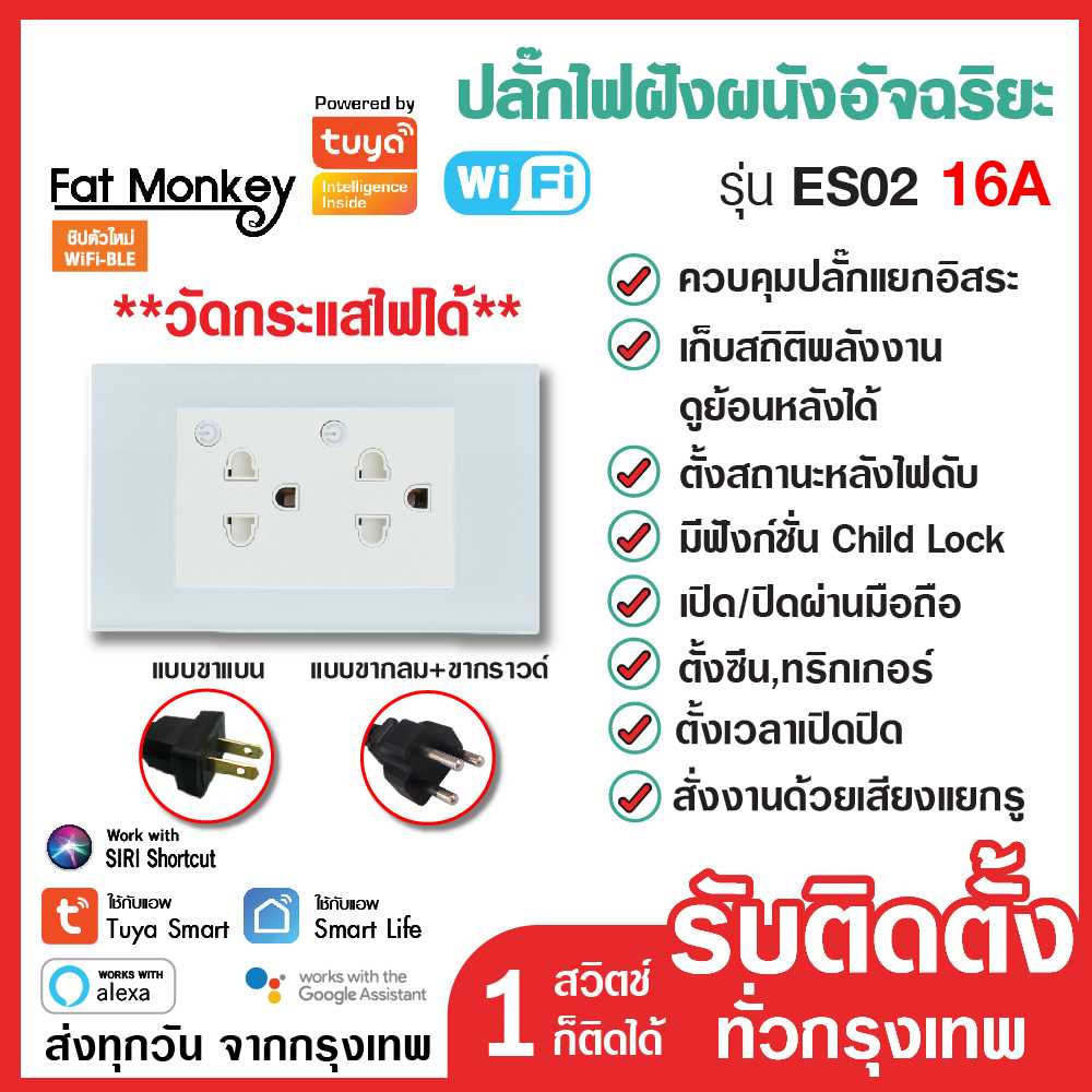 Tuya Wifi Smart Wall Plug ปลั๊กไฟฝังผนัง อัจฉริยะแบบ 2 เต้าเสียบ 16A 220V  รุ่น Es02 เปิดปิดผ่านแอพ | Line Shopping