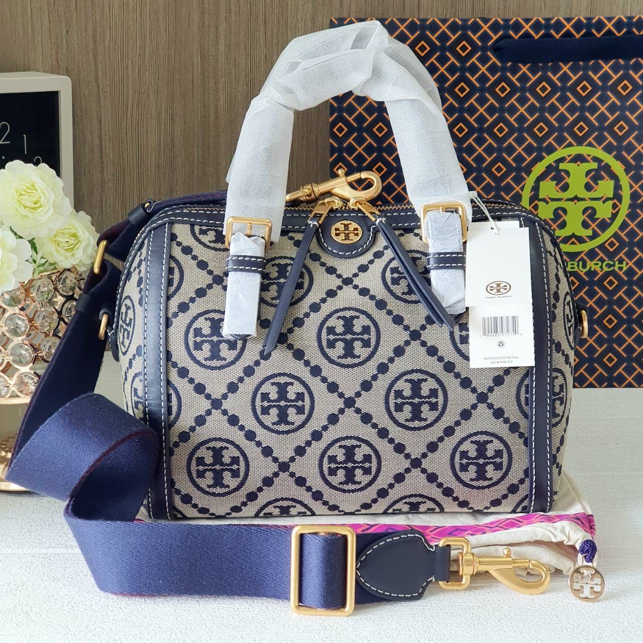 Tory Burch T Monogram Leather Barrel Bag