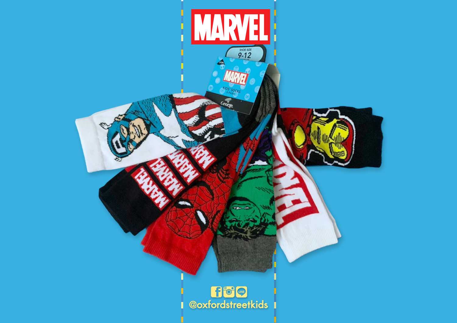 ✓ [UK9-12] Marvel Avengers 6 Pack Socks ถุงเท้า มาเวล แอดเวนเจอร์ 6 คู่