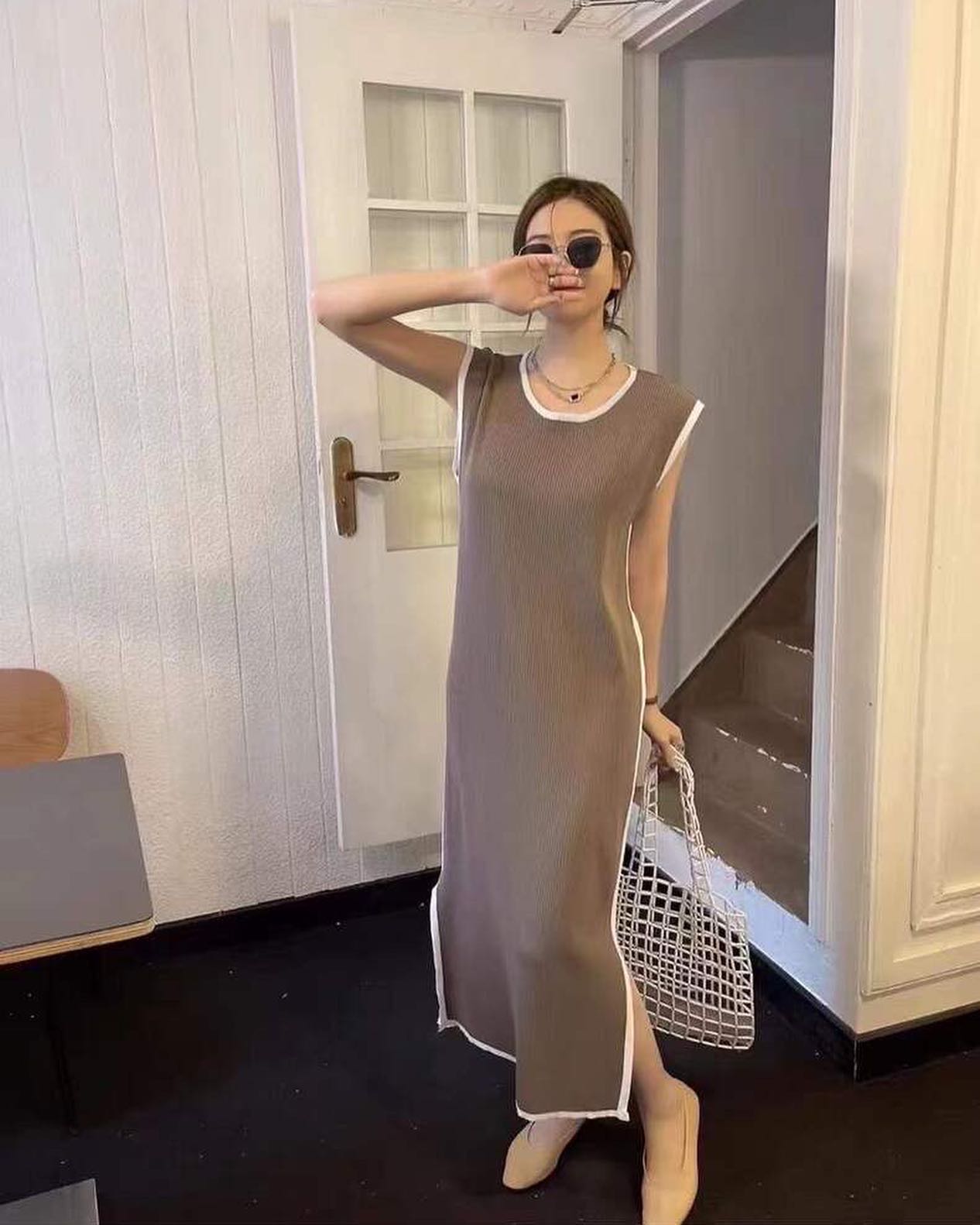 knitted vest dress black brown cream LINE SHOPPING