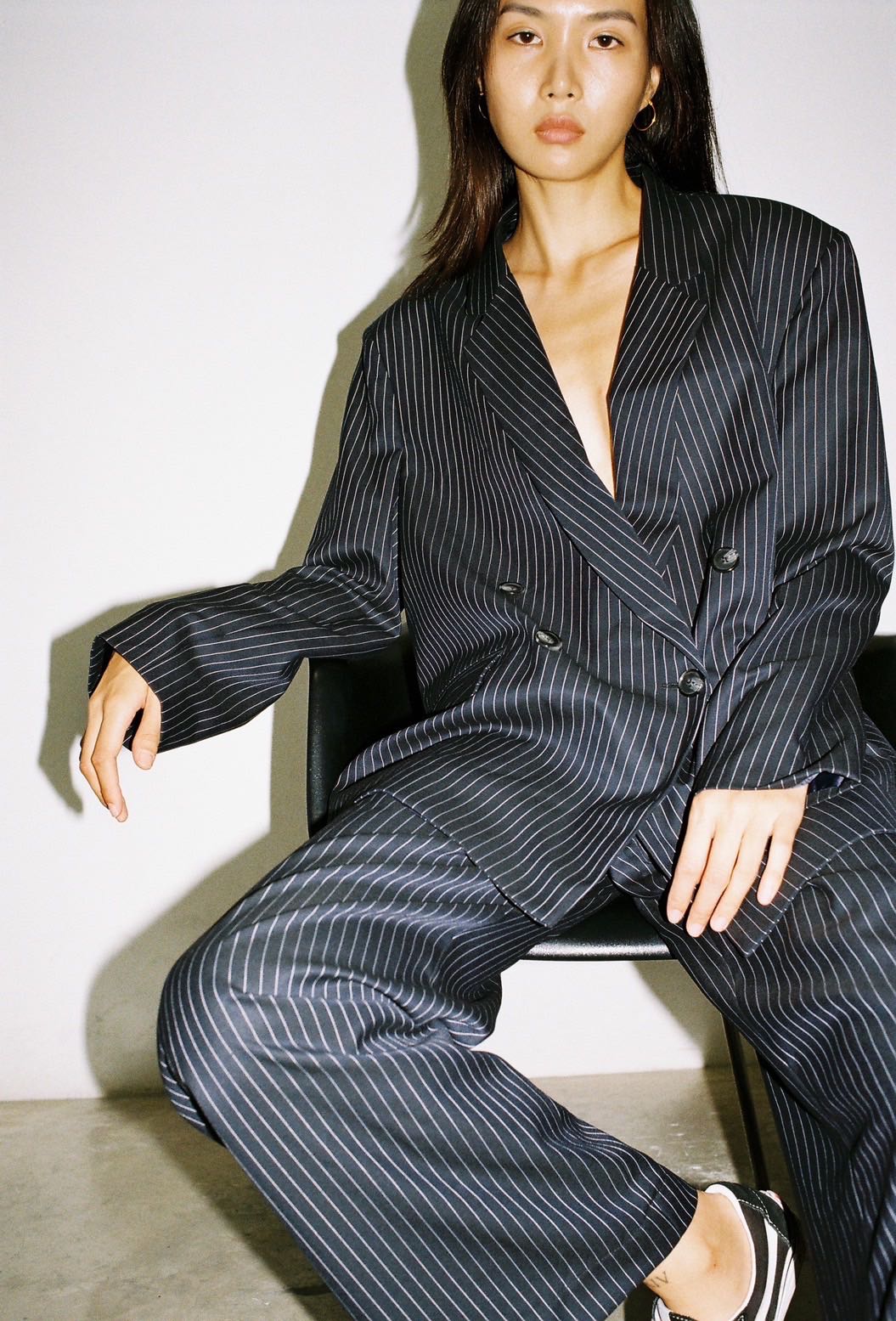 Essential Oversized Blazer in Navy Pinstripe | LINE SHOPPING