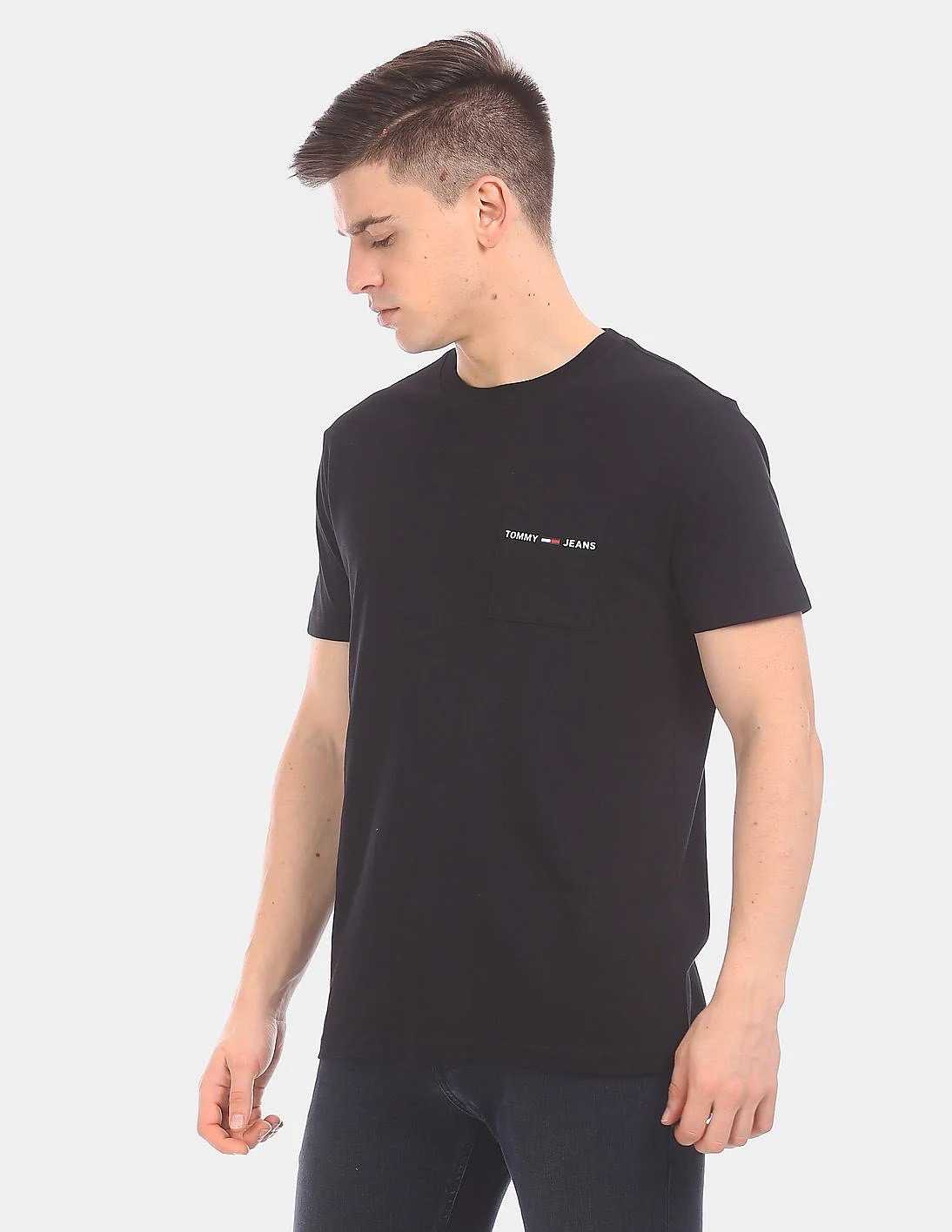 TOMMY HILFIGER Men Black Regular Fit Logo Pocket T-Shirt