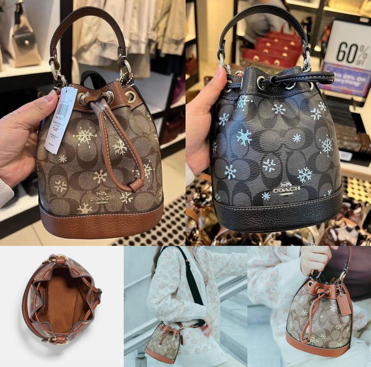 Coach Dempsey Drawstring Bucket Bag 15 In Signature Canvas With Snowflake  Print