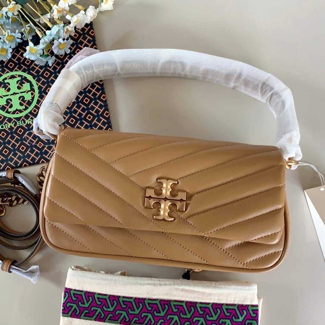 TORY BURCH KIRA CHEVRON TASSEL SMALL FLAP SHOULDER BAG DUSTY ALMOND 90458