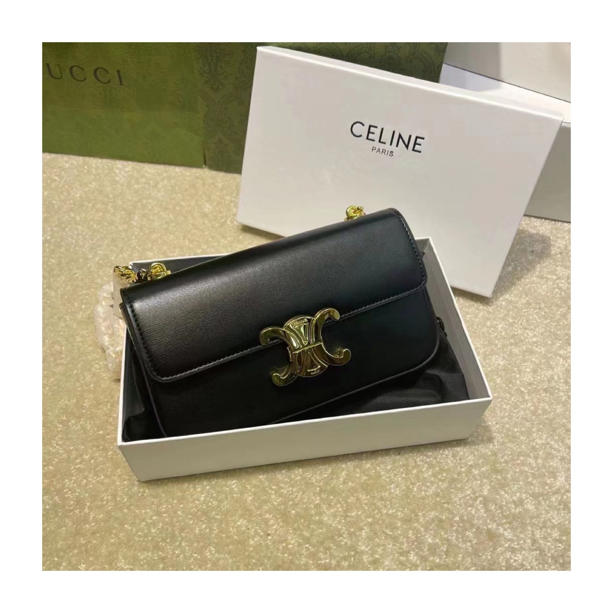 Celine Triomphe Wallet on Chain Triomphe in Shiny Calfskin, Black