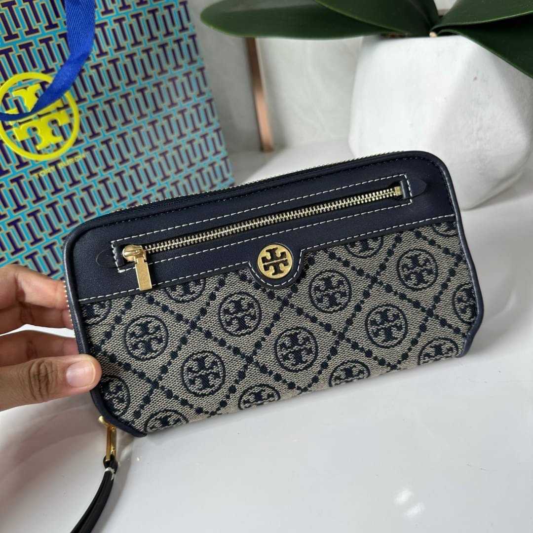 TORY BURCH T Monogram Jacquard Zip Shoulder Bag NAVY NWT