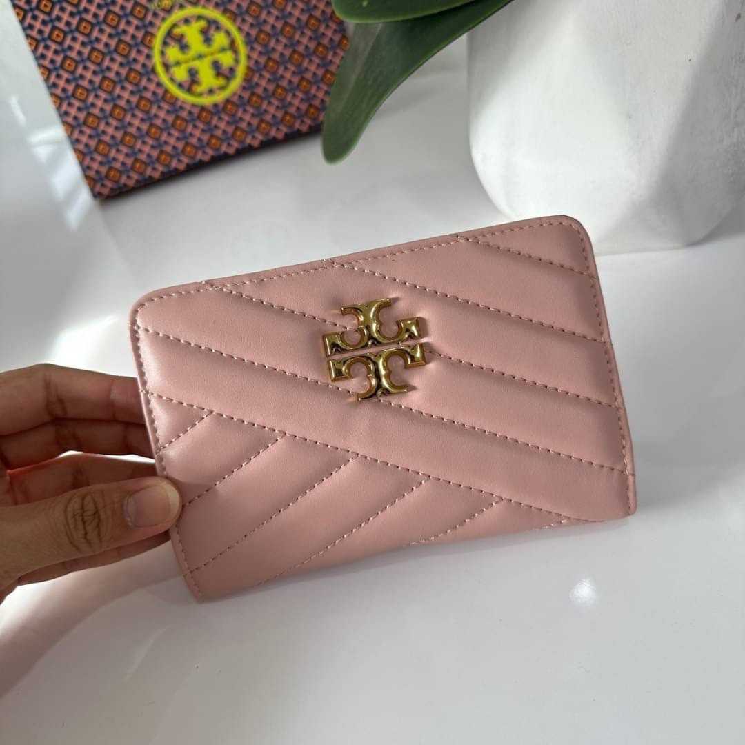 T.O.R.Y B.U.R.C.H 56607 Kira Chevron Medium Slim Wallet in Pink Moon Soft  Quilted Leather with Pin-snap Closure - Women's Bi-Fold Wallet