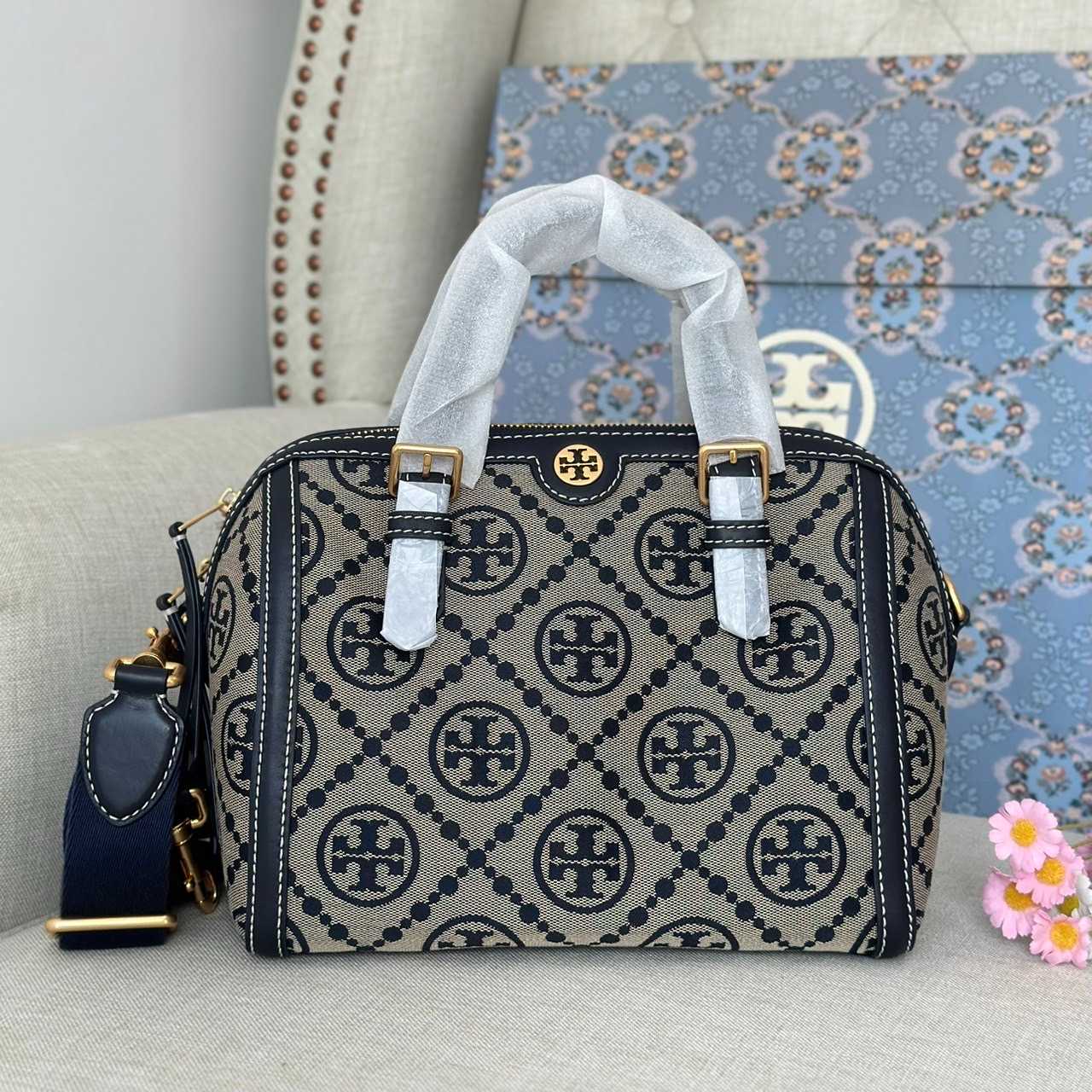 Tory Burch T Monogram Leather Barrel Bag