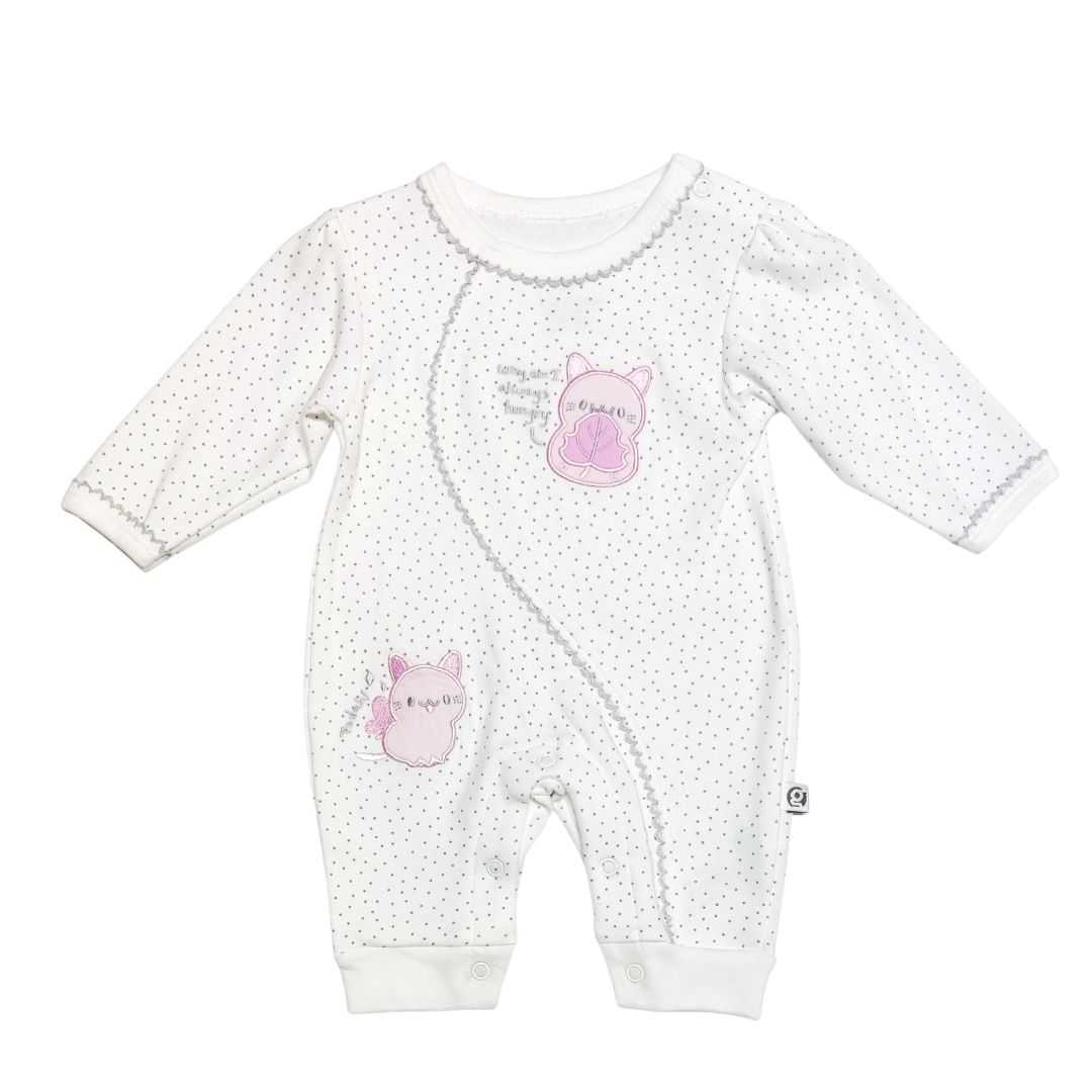รอมเปอร์ยาวเด็กสีขาวปักการ์ตูนชมพูผ้า Bio Cotton แบรนด์ Baby Garden