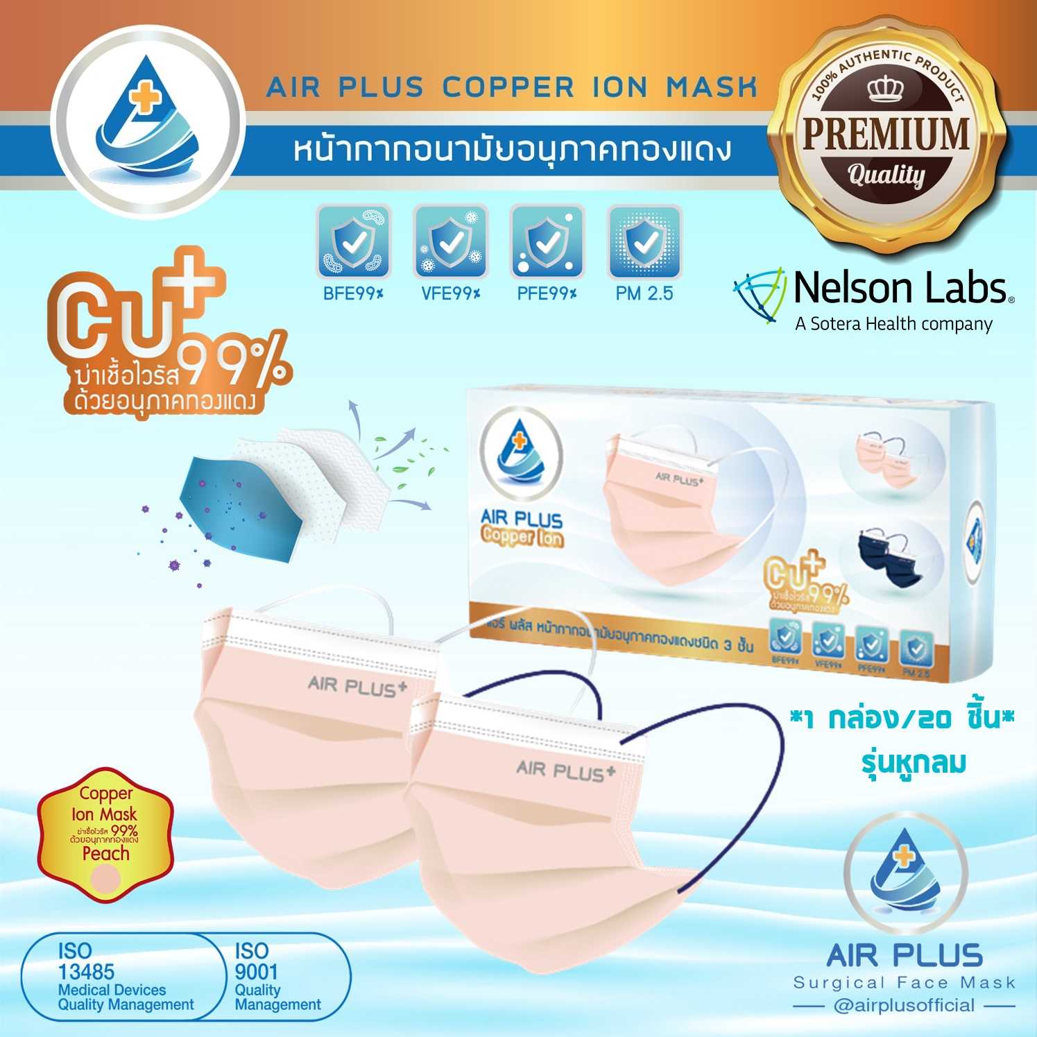 Air Plus Copper Ion Mask หน้ากากคอปเปอร์ฆ่าเชื้อไวรัส(Anti-Virus)(สีพีช ...